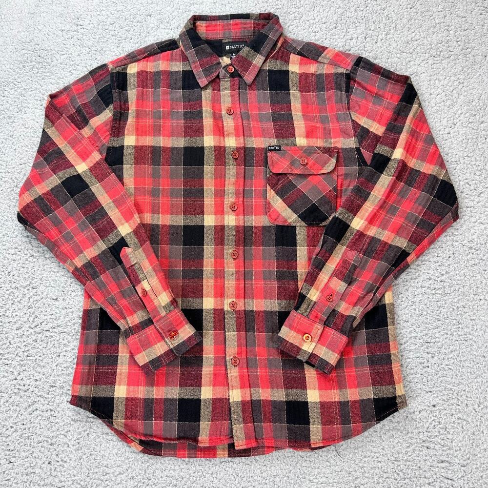 Matix Men Plaid Cotton Flannel Shirt Size M Red Black Tan Button Down